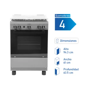 Cocina Bosch gris PRO 423 a gas con 4 quemadores, horno de 59 litros y encendido eléctrico.