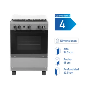 Cocina Bosch gris PRO 423 a gas con 4 quemadores, horno de 59 litros y encendido eléctrico.
