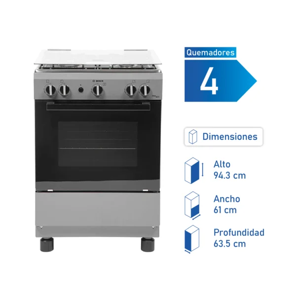 Cocina Bosch gris PRO 423 a gas con 4 quemadores, horno de 59 litros y encendido eléctrico.