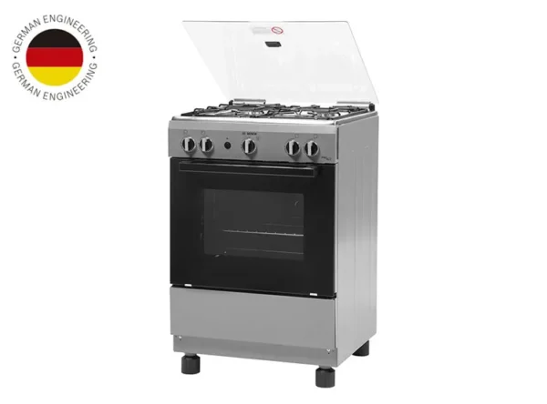 Cocina Bosch gris PRO 423 a gas con 4 quemadores, horno de 59 litros y encendido eléctrico.