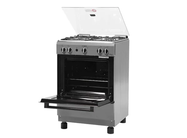 Cocina Bosch gris PRO 423 a gas con 4 quemadores, horno de 59 litros y encendido eléctrico.