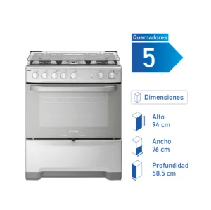 Cocina Fensa F5500 T Inox a gas con 5 quemadores, horno de 85.56 litros y tecnología VaporBake.