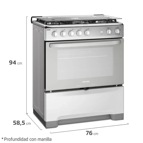 Cocina Fensa F5500 T Inox a gas con 5 quemadores, horno de 85.56 litros y tecnología VaporBake.