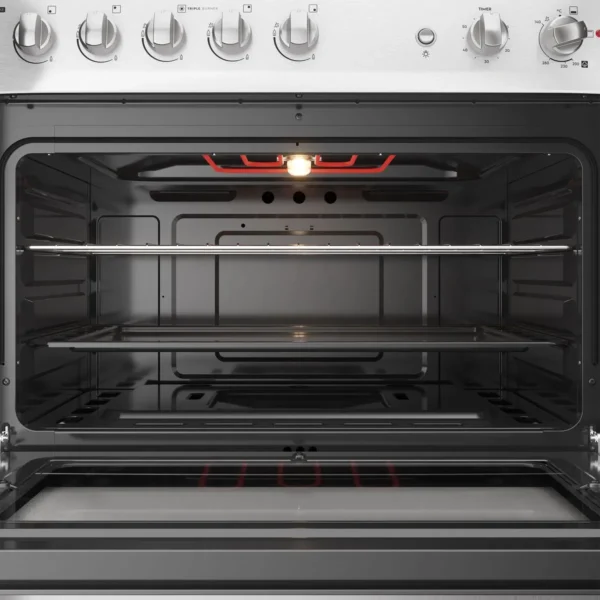 Cocina Fensa F5500 T Inox a gas con 5 quemadores, horno de 85.56 litros y tecnología VaporBake.