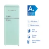 Refrigerador retro Libero de dos puertas color verde agua con etiqueta de eficiencia energética A+ y capacidad de 203 litros. Dimensiones: Alto 148 cm, Ancho 54 cm, Profundidad 58 cm.