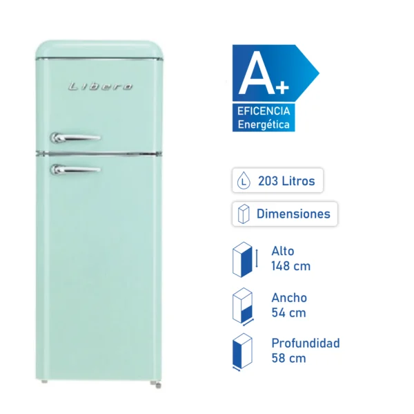 Refrigerador retro Libero de dos puertas color verde agua con etiqueta de eficiencia energética A+ y capacidad de 203 litros. Dimensiones: Alto 148 cm, Ancho 54 cm, Profundidad 58 cm.