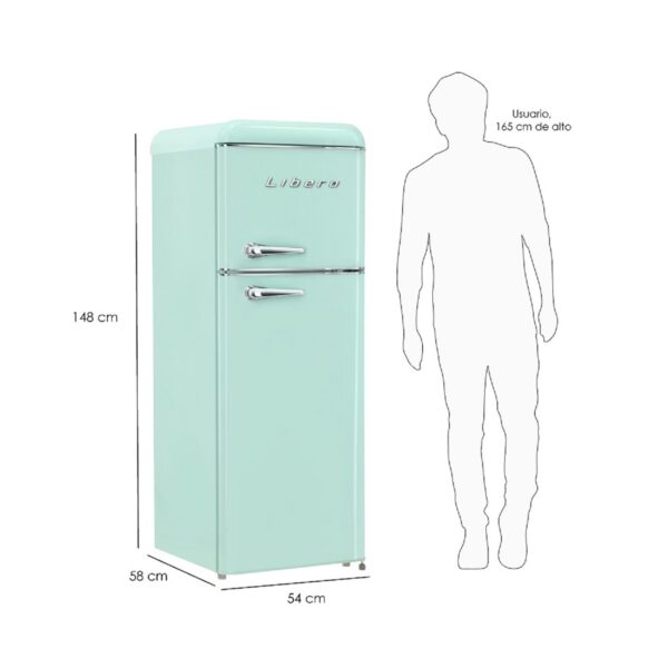 Refrigerador retro Libero de dos puertas color verde agua con etiqueta de eficiencia energética A+ y capacidad de 203 litros. Dimensiones: Alto 148 cm, Ancho 54 cm, Profundidad 58 cm.