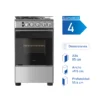 Cocina a gas Midea de cuatro quemadores con horno, color plateado. Dimensiones: Alto 85 cm, Ancho 49.5 cm, Profundidad 55.6 cm.