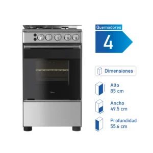Cocina a gas Midea de cuatro quemadores con horno, color plateado. Dimensiones: Alto 85 cm, Ancho 49.5 cm, Profundidad 55.6 cm.