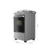Cocina a gas Midea de cuatro quemadores con horno, color plateado. Dimensiones: Alto 85 cm, Ancho 49.5 cm, Profundidad 55.6 cm.
