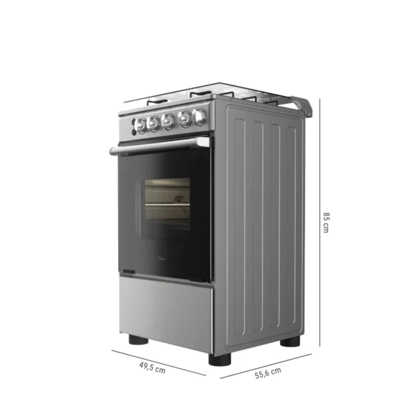 Cocina a gas Midea de cuatro quemadores con horno, color plateado. Dimensiones: Alto 85 cm, Ancho 49.5 cm, Profundidad 55.6 cm.