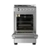 Cocina a gas Midea de cuatro quemadores con horno, color plateado. Dimensiones: Alto 85 cm, Ancho 49.5 cm, Profundidad 55.6 cm.