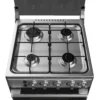 Cocina a gas Midea de cuatro quemadores con horno, color plateado. Dimensiones: Alto 85 cm, Ancho 49.5 cm, Profundidad 55.6 cm.