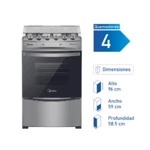 Cocina Midea 4P MCG4QI24NS a gas con 4 quemadores, horno de 68 litros y diseño Charcoal Grey.