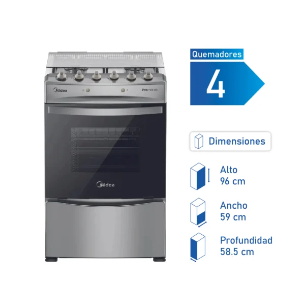 Cocina Midea 4P MCG4QI24NS a gas con 4 quemadores, horno de 68 litros y diseño Charcoal Grey.