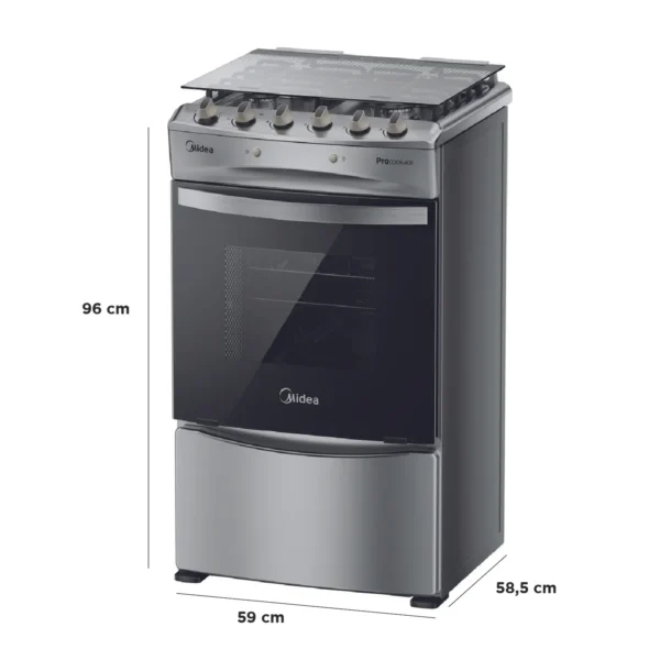 Cocina Midea 4P MCG4QI24NS a gas con 4 quemadores, horno de 68 litros y diseño Charcoal Grey.