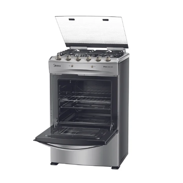 Cocina Midea 4P MCG4QI24NS a gas con 4 quemadores, horno de 68 litros y diseño Charcoal Grey.