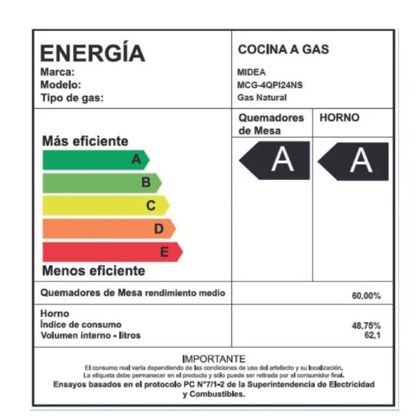 Cocina Midea 4P MCG4QI24NS a gas con 4 quemadores, horno de 68 litros y diseño Charcoal Grey.