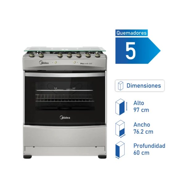 Cocina Midea 5P MCG5QPI30NS a gas con 5 quemadores, horno de 89.46 litros y diseño de acero inoxidable.