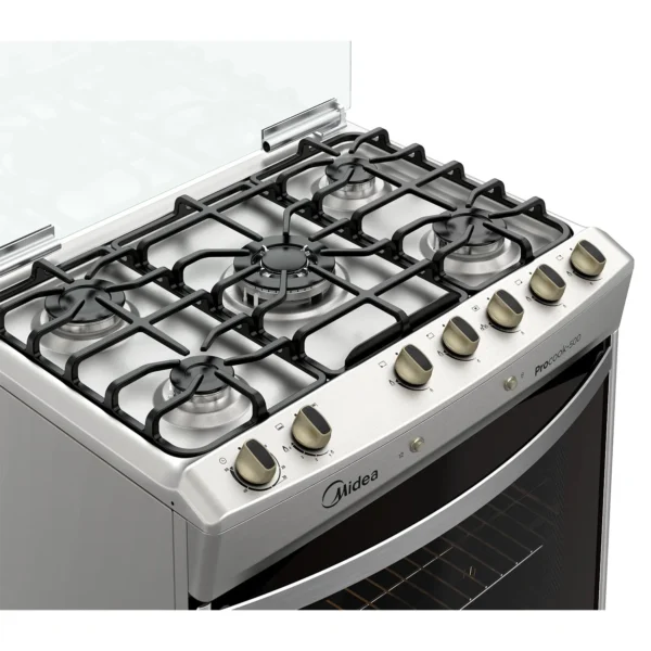 Cocina Midea 5P MCG5QPI30NS a gas con 5 quemadores, horno de 89.46 litros y diseño de acero inoxidable.