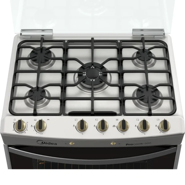 Cocina Midea 5P MCG5QPI30NS a gas con 5 quemadores, horno de 89.46 litros y diseño de acero inoxidable.