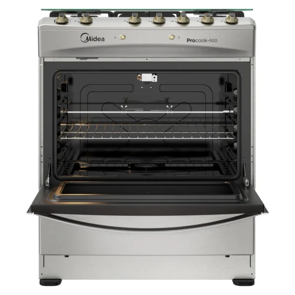 Cocina Midea 5P MCG5QPI30NS a gas con 5 quemadores, horno de 89.46 litros y diseño de acero inoxidable.