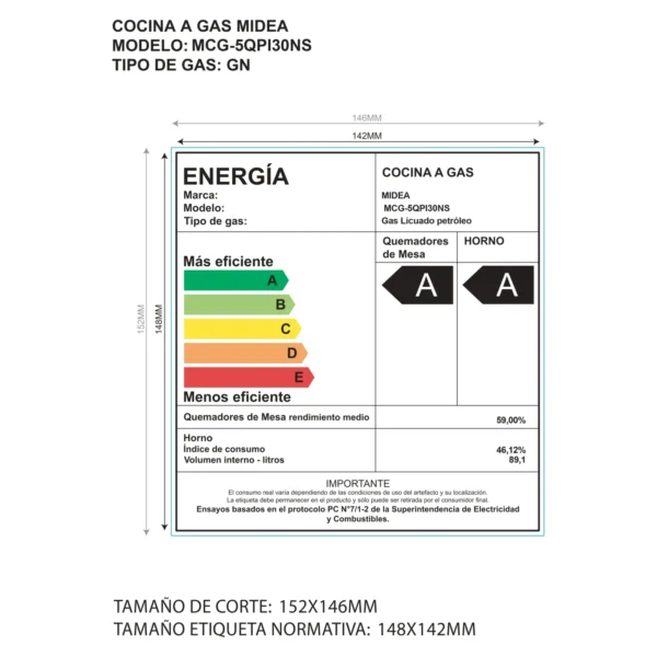 Cocina Midea 5P MCG5QPI30NS a gas con 5 quemadores, horno de 89.46 litros y diseño de acero inoxidable.