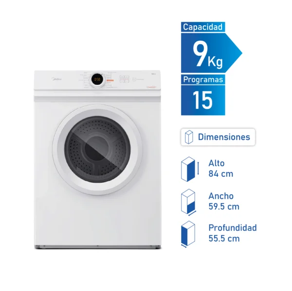 MD100A90W-1 Secadora Midea MD100A90/W blanca de 9 kg con Display Lunar y funciones Hygiene Dry y Anti Arrugas.