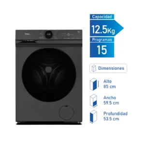 Lavadora Midea MF200D130WB/T frontal de 12.5 kg con tecnología HealthGuard Care y diseño Titanium.