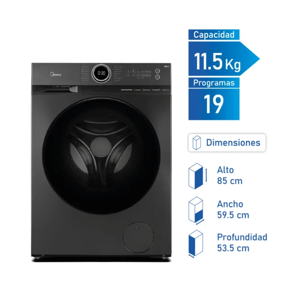 Lavadora/Secadora Automática Midea MF200D150WB/T de 11.5 kg de lavado y 9 kg de secado, con Steam Care y diseño Titanium.