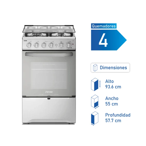 Cocina a gas Fensa de cuatro platos modelo F 2808 T, color blanco. Dimensiones: Alto 93.6 cm, Ancho 55 cm, Profundidad 57.7 cm.