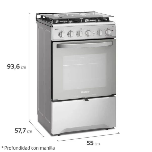 Cocina a gas Fensa de cuatro platos modelo F 2808 T, color blanco. Dimensiones: Alto 93.6 cm, Ancho 55 cm, Profundidad 57.7 cm.
