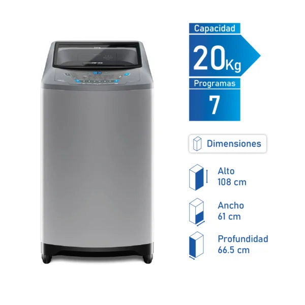 Lavadora Automática Fensa 20Kg Premium Care 20SZ de carga superior con 20 kg de capacidad y panel digital.