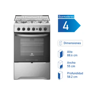 Cocina a Gas Mademsa M795 T con 4 quemadores, uno de triple llama, y grill eléctrico.