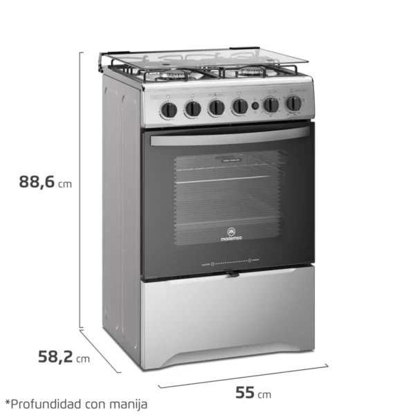 Cocina a Gas Mademsa M795 T con 4 quemadores, uno de triple llama, y grill eléctrico.