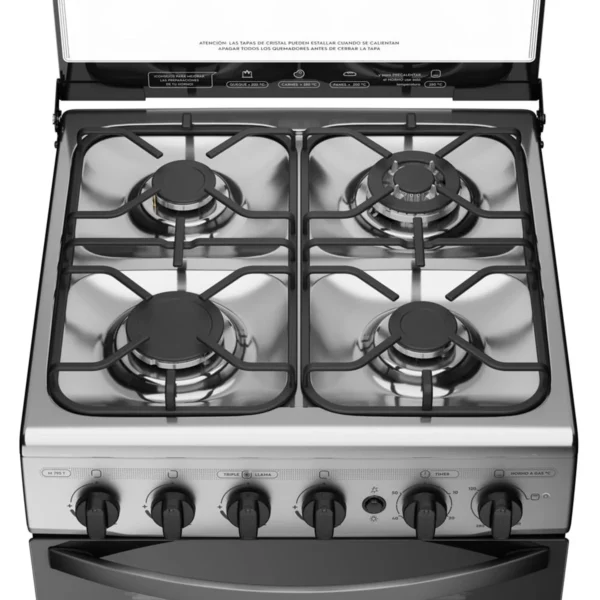 Cocina a Gas Mademsa M795 T con 4 quemadores, uno de triple llama, y grill eléctrico.