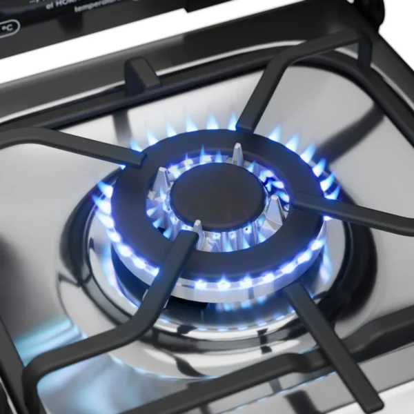 Cocina a Gas Mademsa M795 T con 4 quemadores, uno de triple llama, y grill eléctrico.