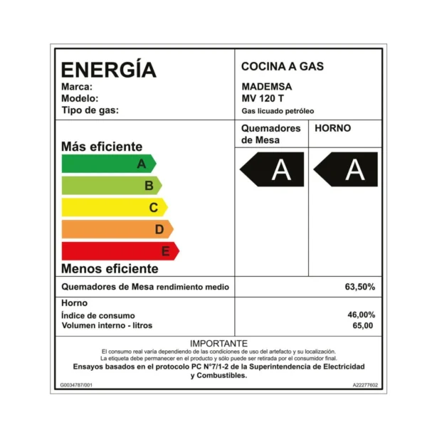 Cocina Mademsa MV120 T a gas con 4 quemadores, horno de 65 litros y revestimiento Fast Clean.