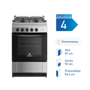 Cocina Mademsa MV220T a gas con 4 quemadores, horno de 65 litros y cubierta de acero inoxidable.