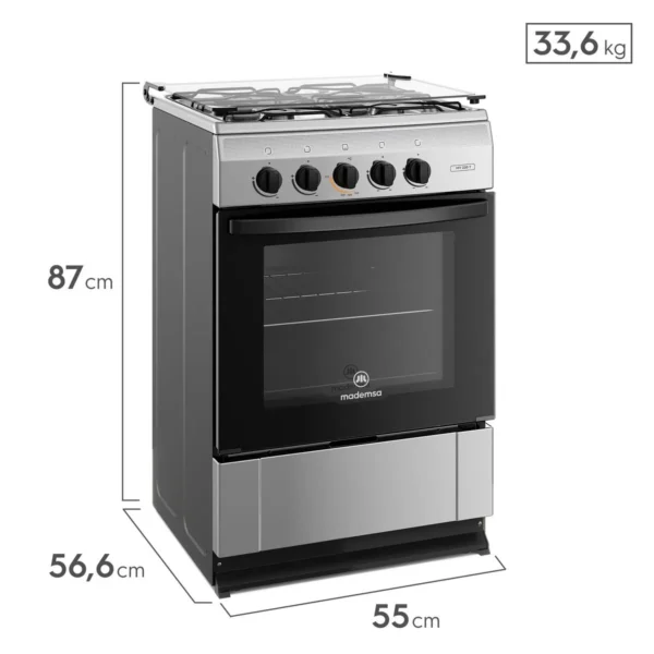 Cocina Mademsa MV220T a gas con 4 quemadores, horno de 65 litros y cubierta de acero inoxidable.