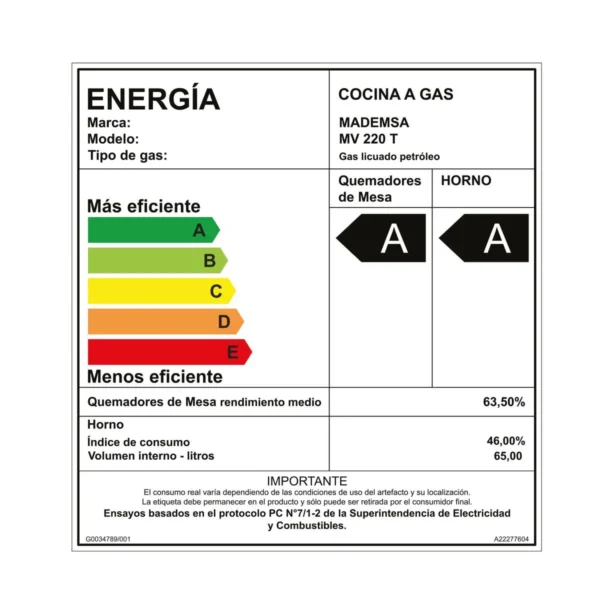 Cocina Mademsa MV220T a gas con 4 quemadores, horno de 65 litros y cubierta de acero inoxidable.