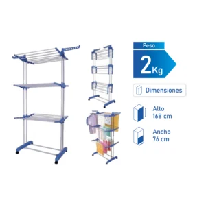 Tendedero vertical de ropa de metal azul con múltiples niveles y alas plegables. Se muestran las dimensiones: Alto 168 cm, Ancho 76 cm, Peso 2 kg.