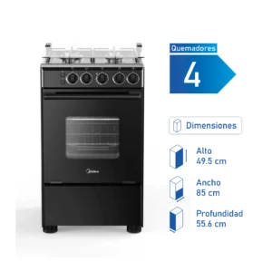 Cocina Midea MCG-4QSG20NSBK de 4 quemadores, color negro, con diseño elegante y seguro.